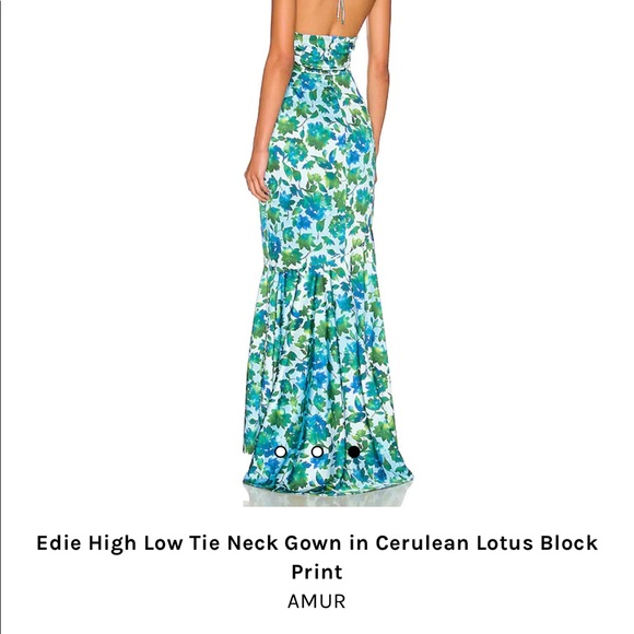 AMUR Edie High Low Tie Neck Gown in Cerulean Lotus Block Print - Picture 4 of 5